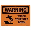 Signmission OSHA WARNING Sign, Watch Your Step Down, 5in X 3.5in Decal, 10PK, 5" W, 3.5" H, Landscape, PK10 OS-WS-D-35-L-12941-10PK